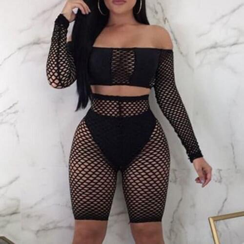 NEW 20020 Women Ladies Sexy Crochet Mesh Long Sleeve See Through Mesh Fishnet Crop Night Sexy Tops Shorts Bottoms Set