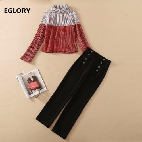 Autumn Winter Clothing 2020 Fashion Style Women Turtleneck Loose Sweaters+Wide Leg Long Pant Set Ladies Casual 2 Piece Tracksuit