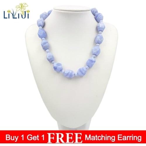 LiiJi Real Stone Blue Lace Agate Stone Jade Toggle Clasp Necklace 20" Fashion Summer Necklace Women Jewelry