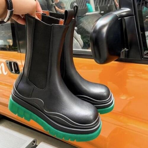 Woman Colorful Thick Heel Short Boots British Style Genuine Leather Slip On Patchwork Platform Mid-calf Tube Martin Boots Shoes