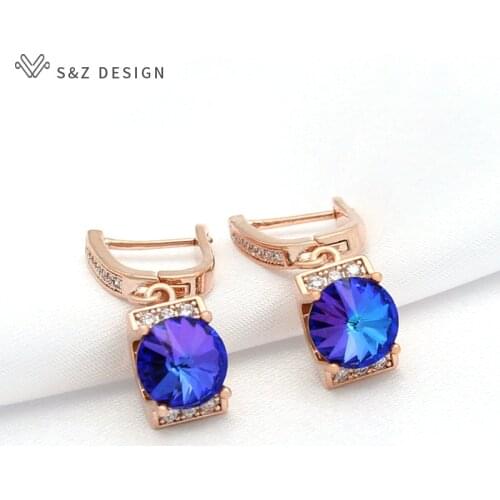 S&Z DESIGN New Elegant Cute Round Crystal Cubic Zirconia Dangle Earrings 585 Rose Gold For Women Girl Wedding Party Jewelry