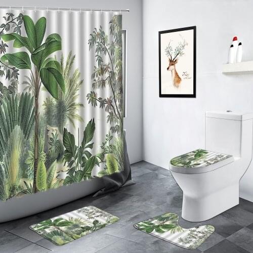 Tropical Plant Shower Curtains Green Jungle Scenery Pattern Bathroom Decor Set Non-slip Rug Toilet Cover Flannel Carpet Bath Mat