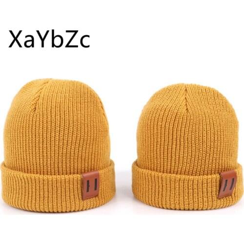 Adult Childrens Knitted Woolen Hood Autumn and Winter Leather Label Pure Color Warm Baby Knitted Hat Wild Parent-child Trend
