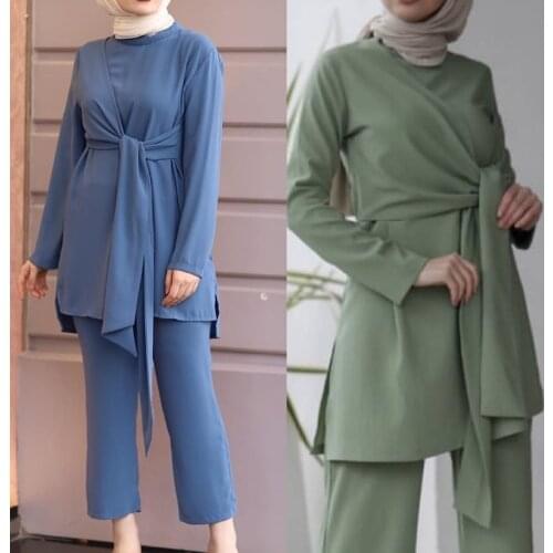 Wepbel Arab Womens Suit Muslim Long Sleeve Long Pants Strap Fashion Suit Plus Size Tops + Wide Leg Pants Islamic Clothing