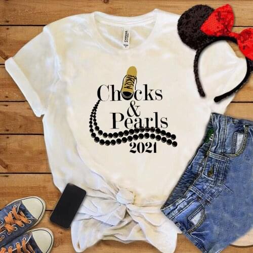 Pearl Necklace Shirt Chucks&Pearls T-Shirt Classical Shoe Printing Hipster Tops 2021 Summer Female Short Sleeve Gift To Her