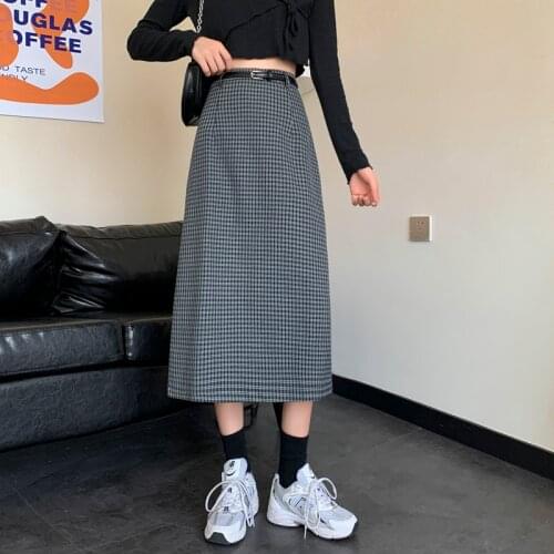2021 new Korean mid-length split plaid skirt Hong Kong flavor retro bag hip A-line skirt women skirts for women