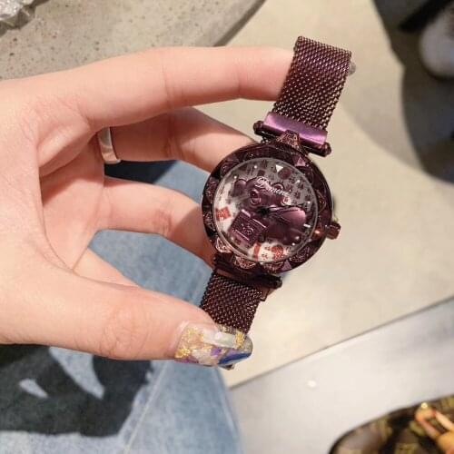 GOOD LUCK Spinning Pig Watches for Women China Cuture FU Words Milanese Watch Ultra Thin Bracelet Wristwatch Magnet Steel Montre