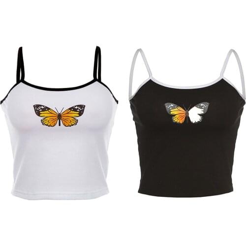Womens Summer Tops Streetwear Sleeveless Top Strap Butterfly Pattern T-shirt Ladies Tee Shirts Vest
