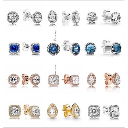 Authentic 925 Sterling Silver Rose Timeless Elegance With Crystal Stud Earring For Women Wedding Gift Pandora Jewelry