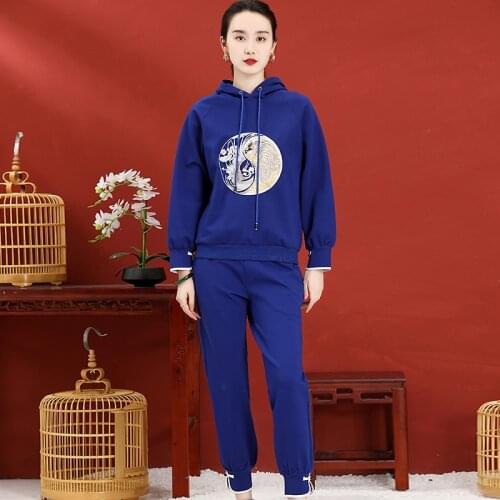 Autumn And Winter Chinese Style Retro Embroidery Loose Long-Sleeved Top + Sports Pants Leisure Two-Piece Female S-2XL