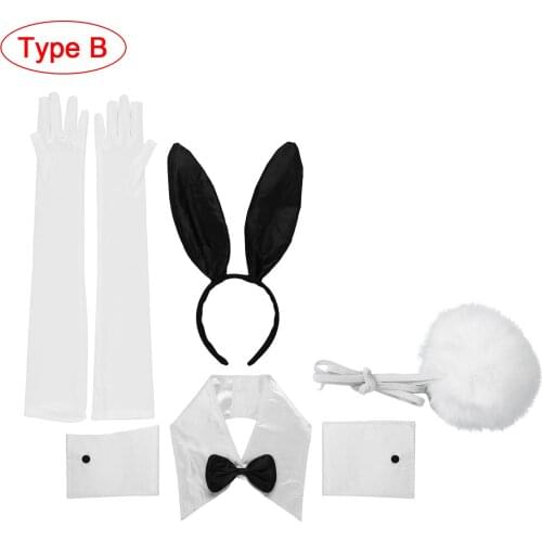 Women Rabbit Ear Headband Collar Bow Tie Cuffs Rabbit Tail Gloves for Halloween Christmas Party Costume Cosplay Bunny Accessorie