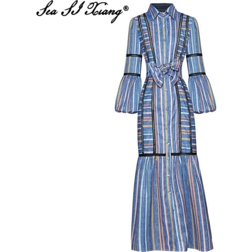Seasixiang Fashion Designer Autumn Long Dress Women Turn-down Collar Lantern Sleeve Single Breasted Striped Print Vintage Dress