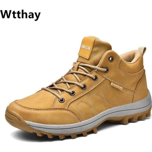 Winter Mens Hiking Boots Leather Waterproof Leisure Boots Mens Outdoor Climbing Trekking Sneakers Non-slip Rubber Ankle Boots