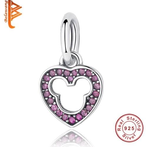 100% 925 Sterling Silver Cartoon Minnie Head Pave CZ Heart Pendant Charms fit pandora Original BW Bracelet Necklace DIY Jewelry