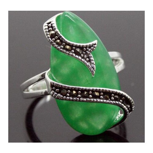 24*13mm 925 Silver Natural Green Natural jade Snake Shape Marcasite Ring Size 7/8/9/10