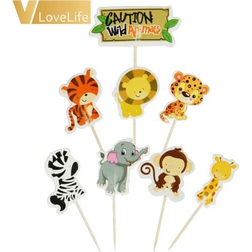 24pcs/lot Safari Jungle Animal Cupcake Toppers Picks Birthday Party Decoration Kids Baby Shower Boy Favors Cake Decorating