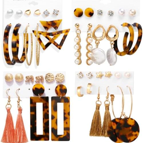 6-Piece Tassel Pearl Acrylic Earrings Large Metal Geometric Pendant Crystal Earrings Fashion Women Jewelry Statement