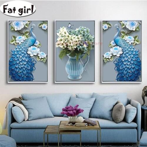 Blue Peacocks Flower 5D Diamond Painting Cross Stitch Full Square Round Drill Diy Embroidery Triptych Mosaic Home Decor