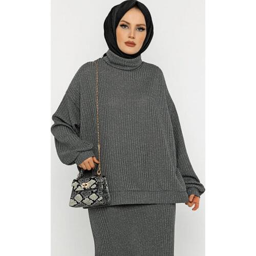 Balıkçı Yaka Simli Takım Mülsüman Kadın Abayas ikili takım elbise 2 parça yeni sezon kışlık sonbahar