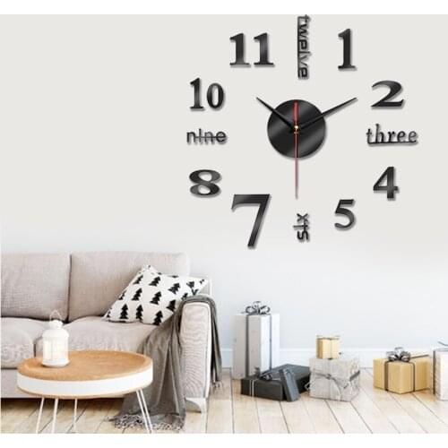 Black/Siliver 3D Effect Mirror Sticker Wall Clock Acrylic Quartz Clock Watch Decal Kit Self-adhesive For Home TV Wall Decor