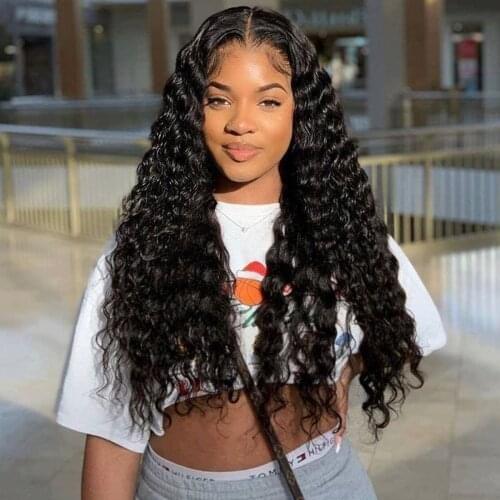 CHEAP 200 Density Deep Wave Wig Transparent Lace Wigs T PART Deep Wave Frontal Wig Wet And Wavy Brazilian Curly Human Hair Wigs
