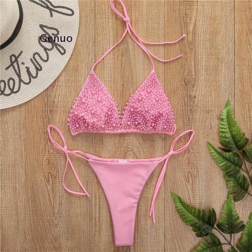 Sexy Pearl Bikini Women 2021 Deep V Swimsuit Female Swimwear Thong Push Up Bikini Set Low Waist Bathing Suits Summer Beach Wear