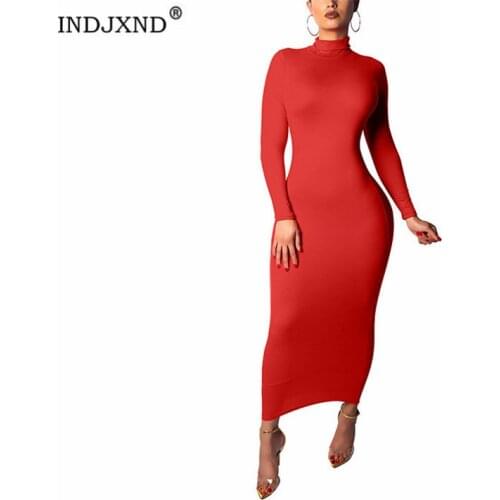 INDJXND Women Bodycon Turtleneck Dress Knitted Cotton Long Sleeve Spring Autumn Winter Milk Silk Casual Black Sapphire Clothes