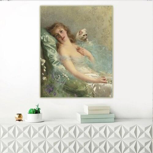 Citon Vittorio Matteo Corcos《The white cat》Canvas Oil Painting Artwork Poster Picture Wall Background Decor Home Decoration