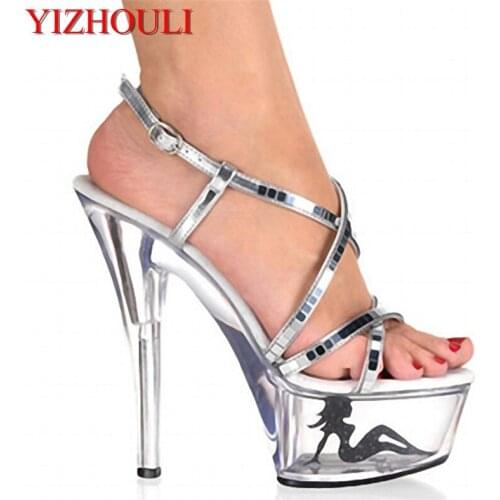Summer silver sequined womens high-heeled transparent soles, 15cm pole dancing sandals 6in dancer shoes