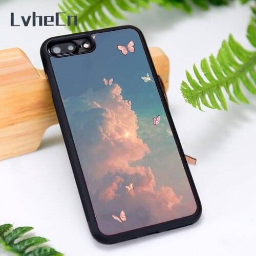 LvheCn Silicone Rubber Phone Case Cover for iPhone 6 6S 7 8 Plus X XS XR 11 12 Mini Pro Max Cloud & Butterfly Print