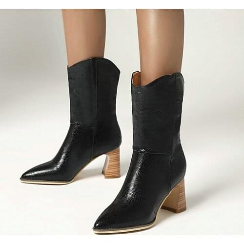 Fashion Texture Snake Grain Leather Personality Pointed Thick Heel Women Short Boots Comfortable Western Boots Winter Ankle Boot