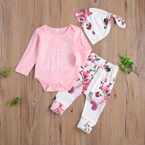 0-18M Baby Girl Clothes 3pcs Letter Long Sleeve Romper+Flower Long Pants with Hat Autumn Outfits Set