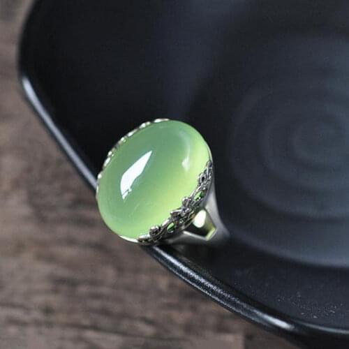 New Silver Original Inlaid Green jade Ring Female Models Chinese Retro Atmosphere Pigeon Egg Light Luxury Womens Gift