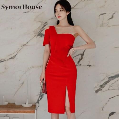 New Sexy Red Formal Party Dress Women Elegant One-Shoudler Slash neck Fashion Slit Pencil Dresses Night Club 2021