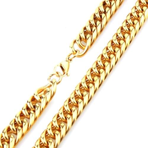 11mm Charming 316L Stainless Steel Gold Tone Cuban Curb Chain Biker Jewelry Mens Womens Necklace Or Bracelet Wristband 7"-40"