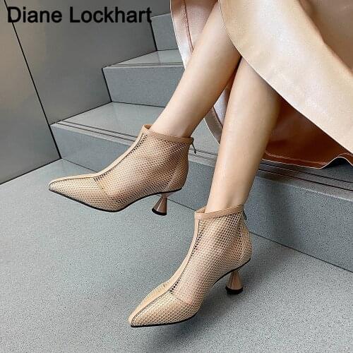 Sexy Mesh Ankle Boots Women Pointed Toe Stiletto Hollow Mid Heels Fashion Zip Ladies Summer Party Shoes Size 32-43 Spring New