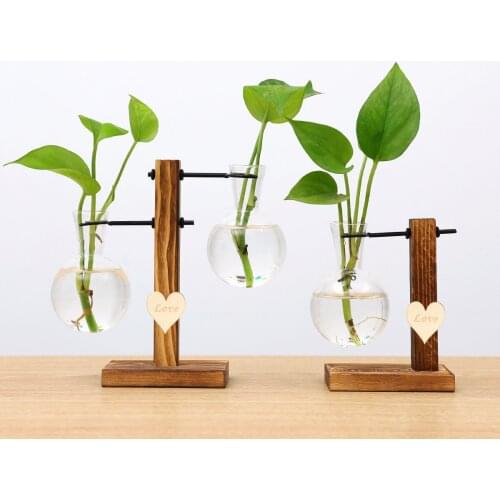 Frame Glass Vase Tabletop Terrarium Hydroponics Plant Vases Bonsai Transparent Flower Pot with Wooden Tray Home Decor