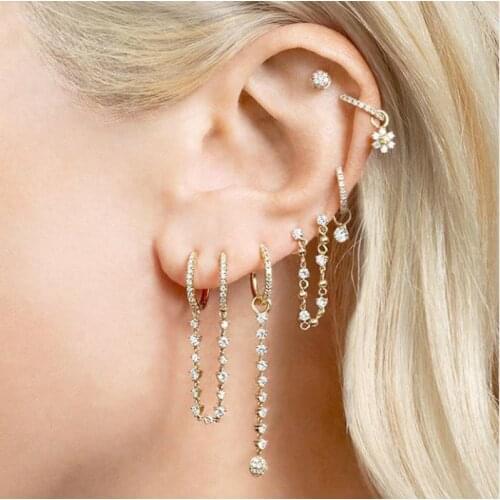 Double piercing 2 hole tassel chain mini cz hoop earring prong setting cz tennis chain fashion women jewelry