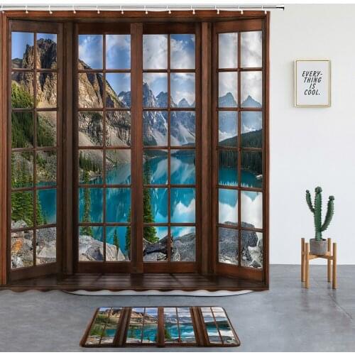 Natural Landscape Shower Curtains Mountain Lake Window Non-slip Rug ​Bathroom Screen Room Decoration Bath Mats Entrance Door Mat
