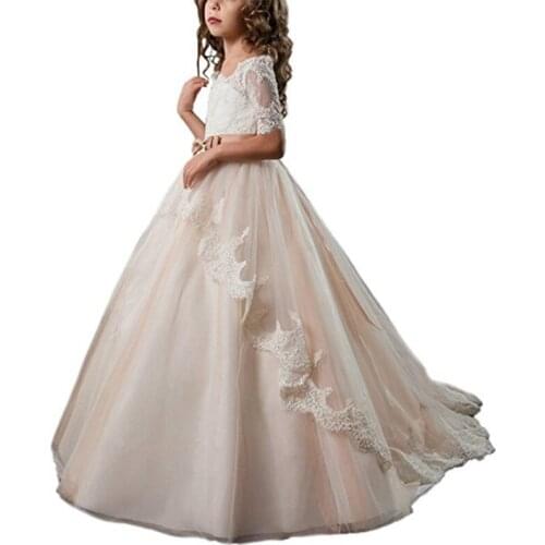 Light Champagne Half Sleeves Lace Flower Girl Dresses Amazing Girl Ball Gown Dress For Wedding Evening Party Birthday 2 3 4 8 12