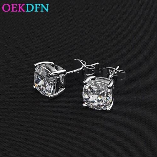 OEKDFN Real 925 Sterling Silver Stud Earrings For Women 6*6MM Clear AAA Zircon Gemstone Jewelry Anniversary Gift Womens Earrings