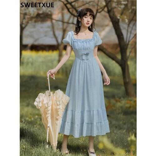 SWEETXUE 2021 Women Summer Vintage Elegant Romantic Ruffled Beaded Bow Sweet Party Chic Dress Lady Vestidos Mujer Fashion