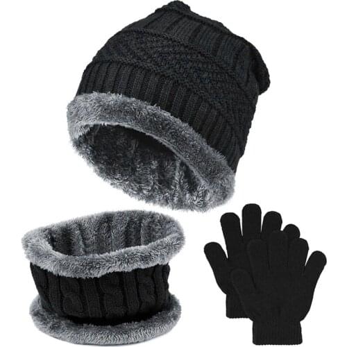 Winter Knitted Beanie and Scarf Neck Gloves, Thick Wool Lining Cap for Boys and Girls, Warm Leggings, Black
