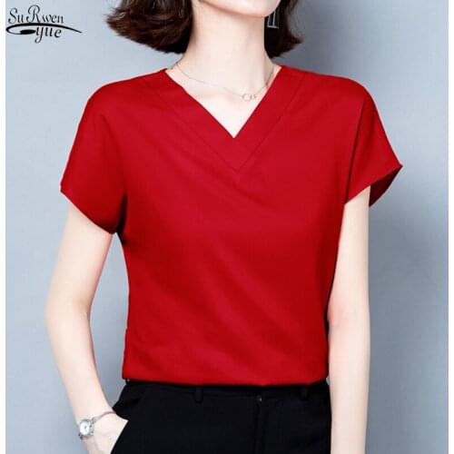 2021 Summer Plus Size Blouses Shirts Casual Women Solid Temperament Short Sleeve V-neck Soft Silk Satin Tops Blouse Blusas 9853