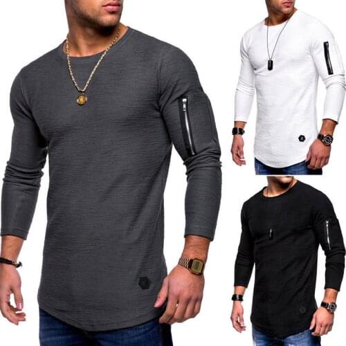 2021 fashion leisure fitness hipster T-shirt long-sleeved pocket zipper patchwork O-neck street top solid color cotton T-shirt