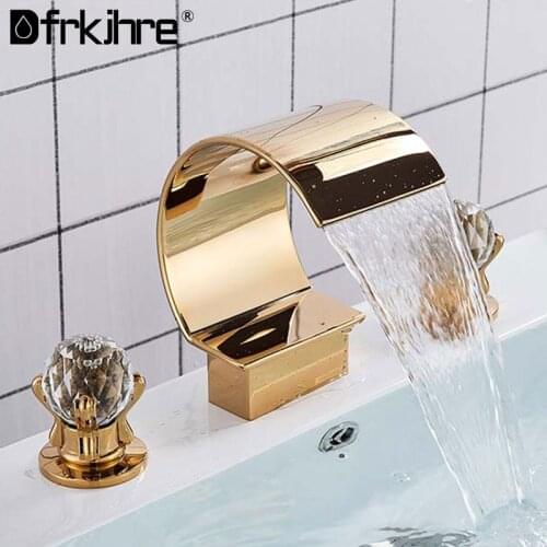 Basin Faucet Gold Deck Mounted Crystal Handle Waterfall 3PCS Bathroom Sink Faucet Double Handles Mixer Tap Basin Tap Torneira