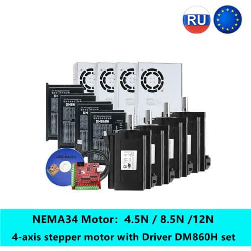 ES&RU free VAT！4 Axis CNC Router Lathe Kit：Nema 34 Stepper Motor +DM860H Motor Driver+MACH3 Breakout Board+Power supply
