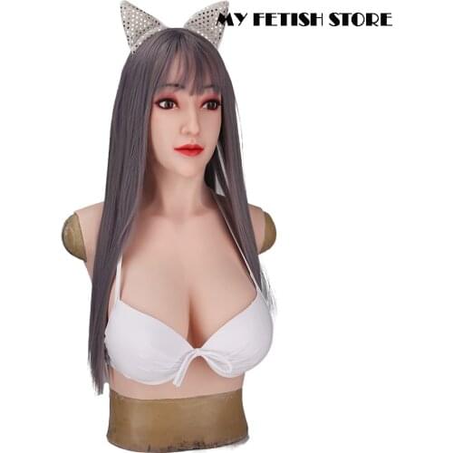 Alice-1G)Crossdress Full Head Realistic Silicone Girl Female Disguise Party Cosplay Transgender Mask With D Cup Breast Torso