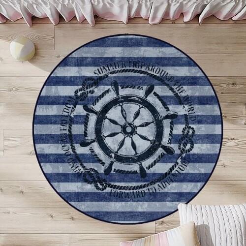 Mavi Yuvarlak Çocuk Odası Halısı gemi dümen halat deniz