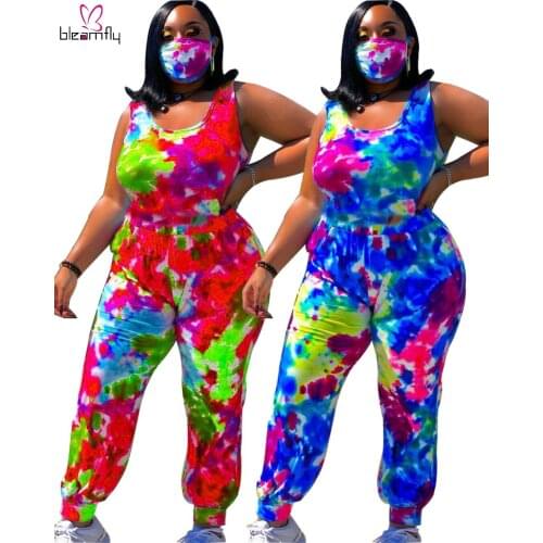 Large Plus Size Sport Tie Dyed Printed Jumpsuit Women Vintage One Piece Skinny Long Playsuit Summer 4XL 3XL (without Mask)